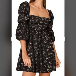 NWT Black Floral Square Neck Dress with puff sleeves